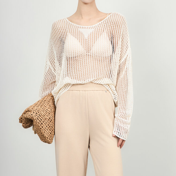 Black and Apricot Casual Open Knit Long Sleeve Top