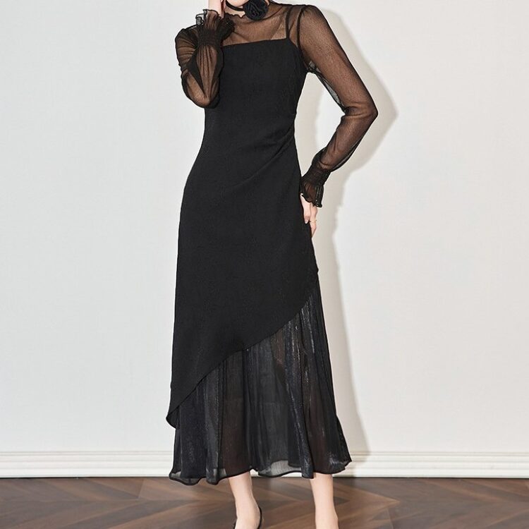 Black and apricot mesh irregular suspender dress