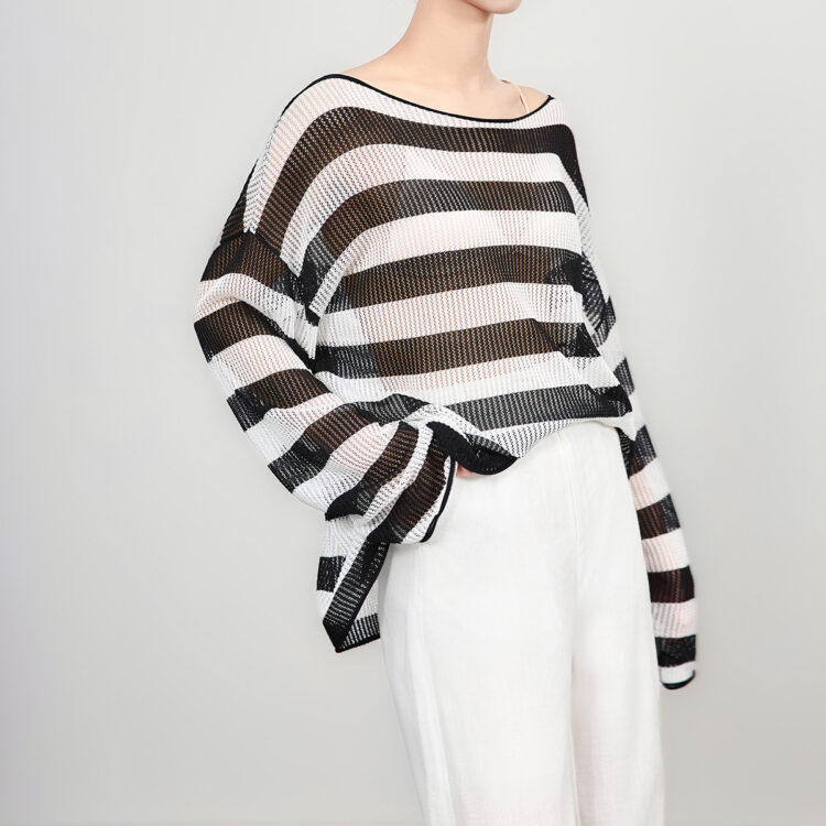 Black and white striped hollow Tencel knit top