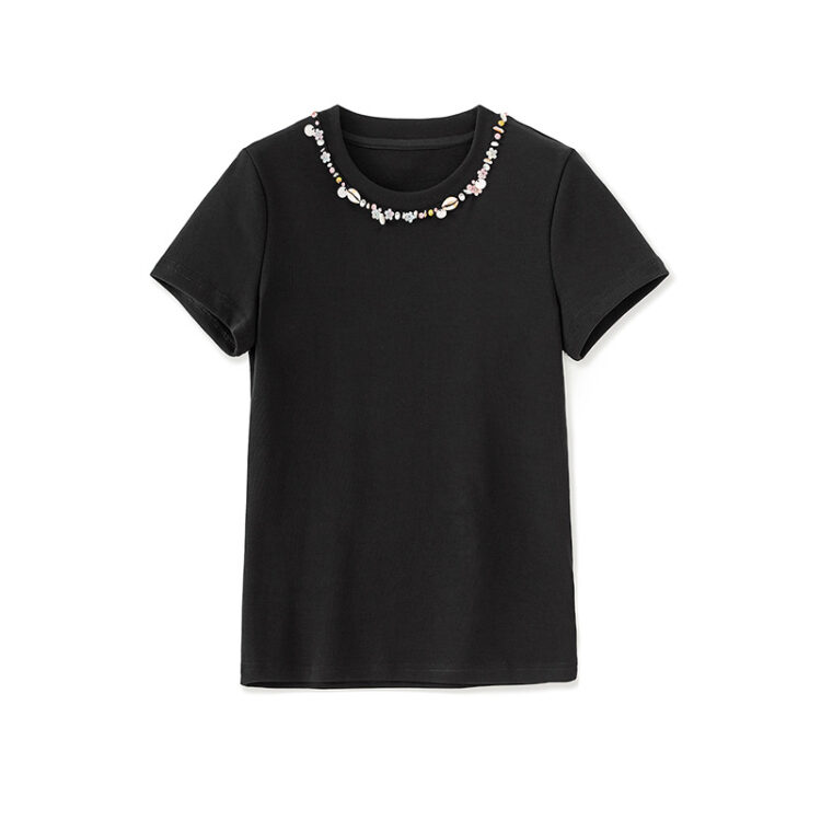 Black beaded high elastic casual commuter T-shirt