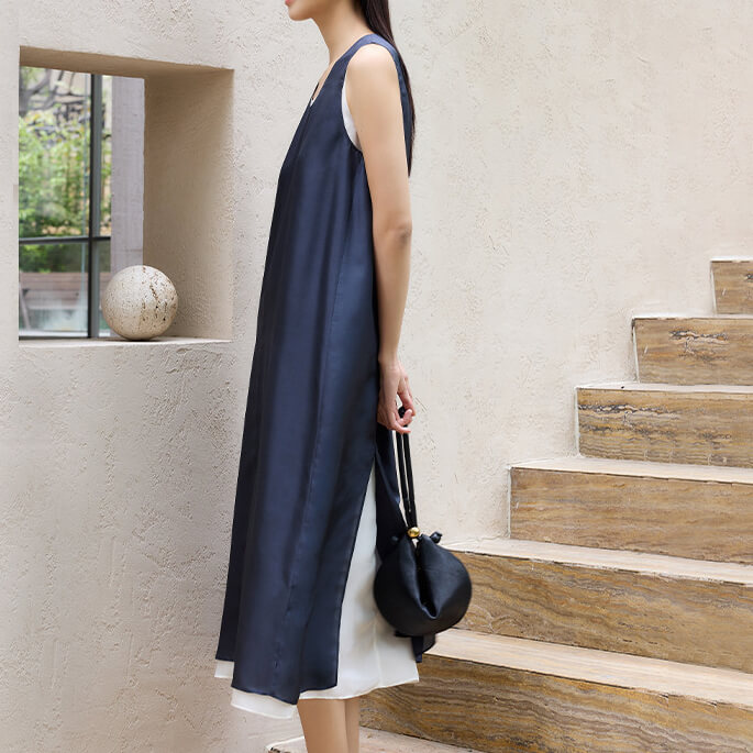 Blue Silk Fake Two-Piece Dress