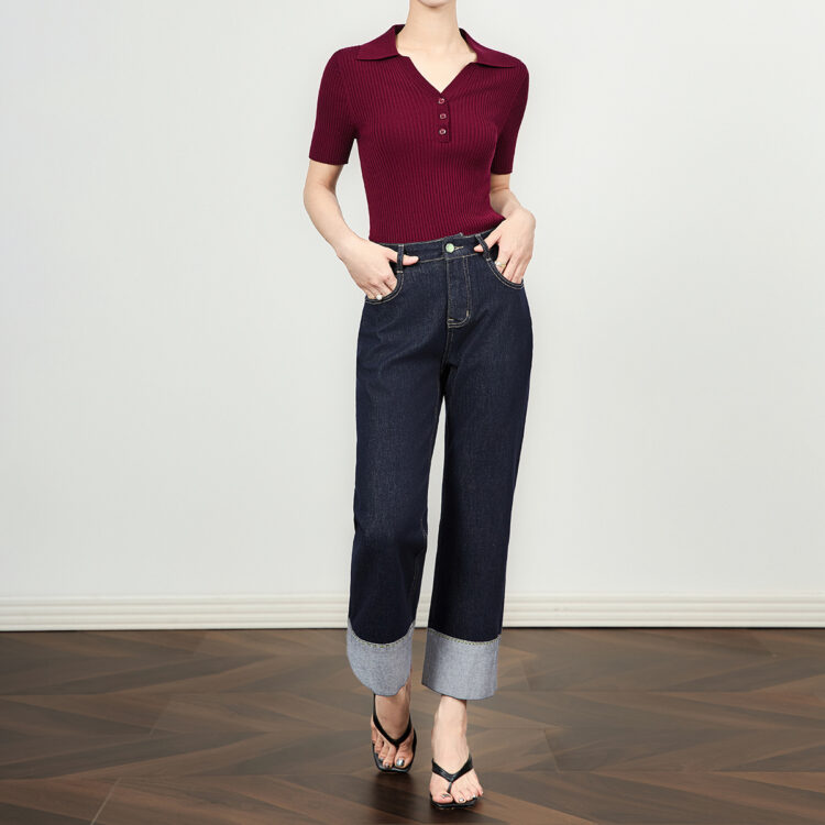 Blue Stretch Thin Cuffed Casual Jeans