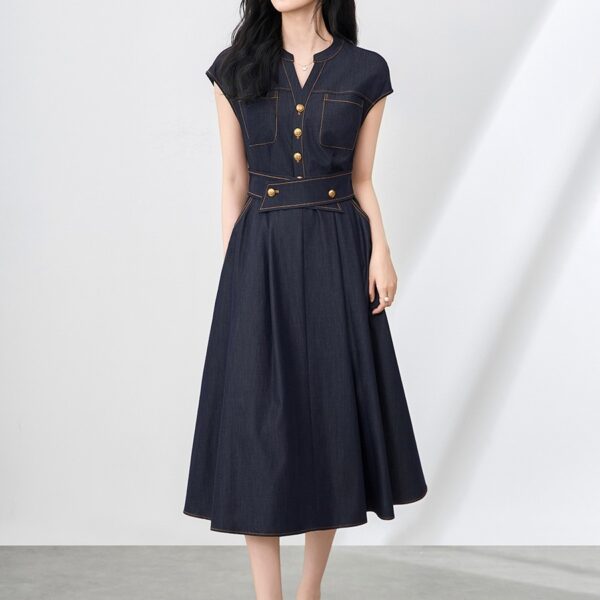 Blue Vintage Slim Fit Ice Silk Cotton Denim Dress
