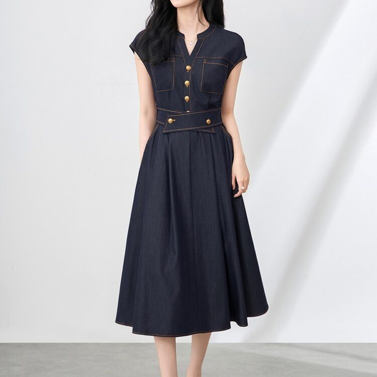 Blue Vintage Slim Fit Ice Silk Cotton Denim Dress