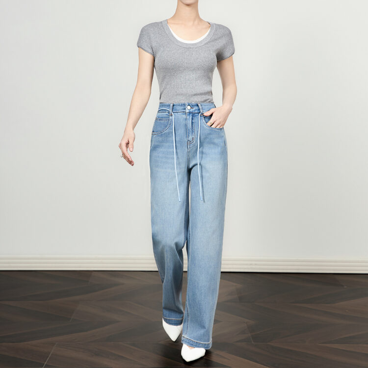 Blue distressed washed wide-leg jeans
