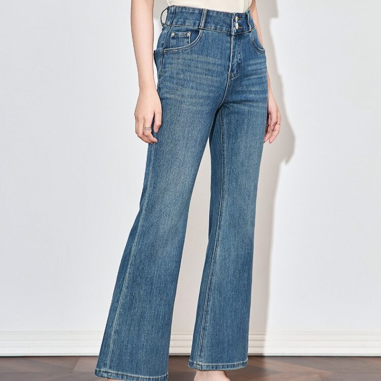 Blue four-way stretch high-waisted bootcut jeans