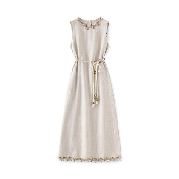 Bohemian Vacation-style Linen Tencel Sleeveless Shell Pendant Tassel Dress