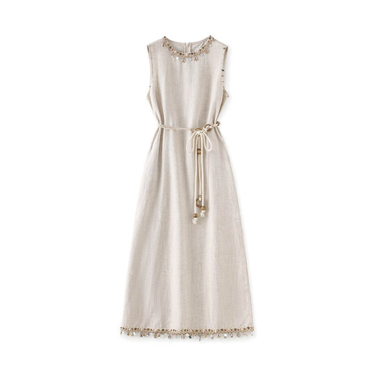 Bohemian Vacation-style Linen Tencel Sleeveless Shell Pendant Tassel Dress