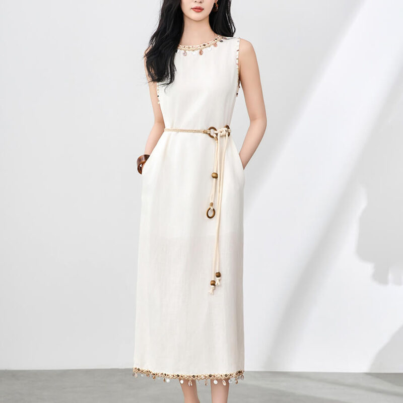 Bohemian Vacation-style Linen Tencel Sleeveless Shell Pendant Tassel Dress
