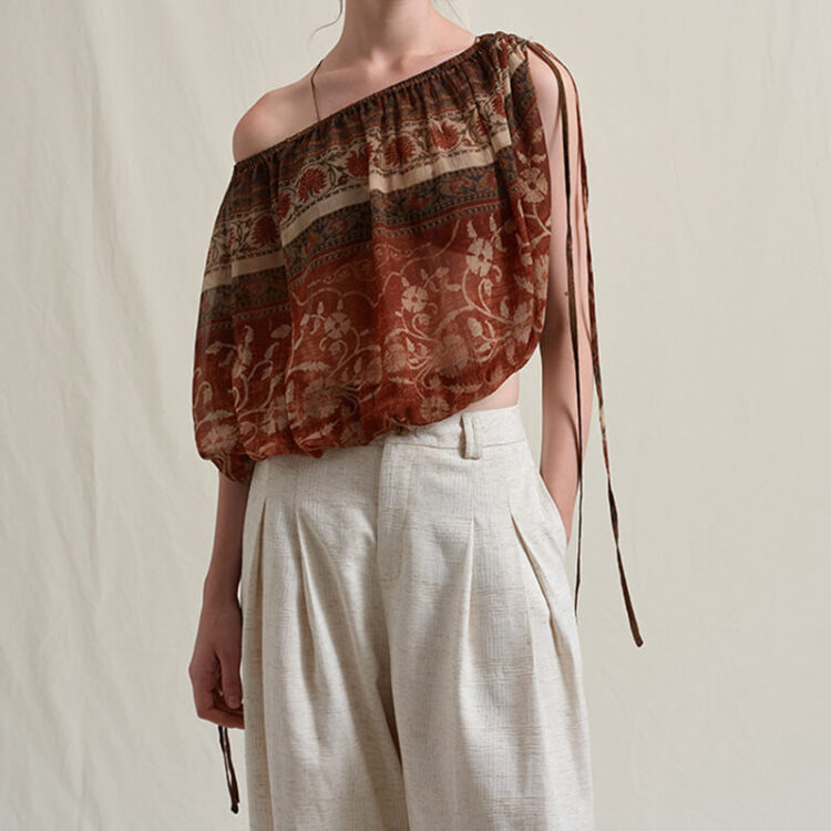 Bohemian-style Vacation Printed Off-the-Shoulder Drawstring Top