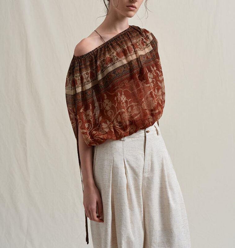 Bohemian-style Vacation Printed Off-the-Shoulder Drawstring Top