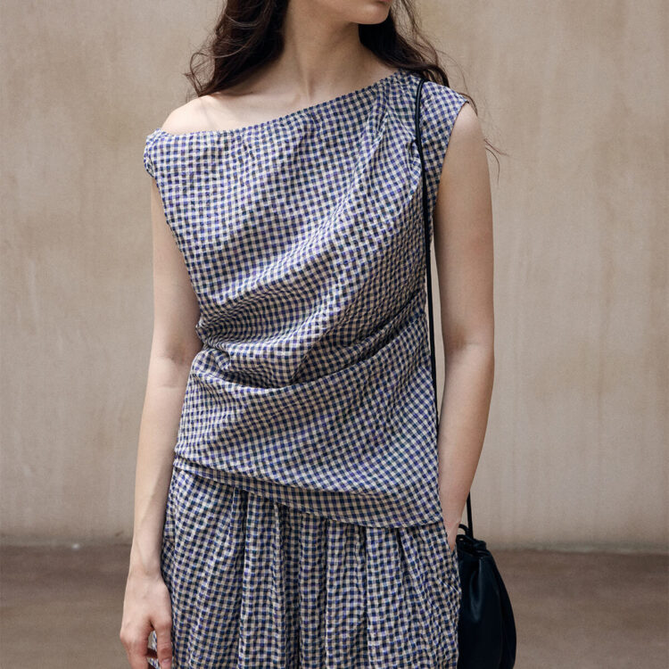Bubble Check Off-shoulder Asymmetric Top