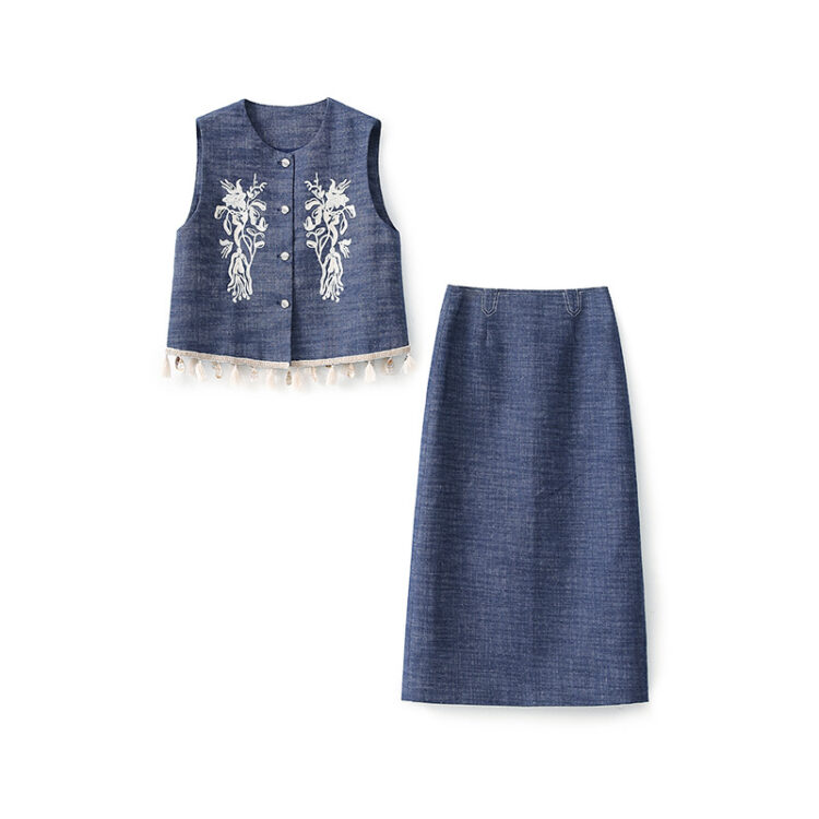 Classic embroidered denim vest and skirt two-piece set