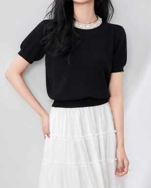Commuting tencel crocheted short-sleeved knitted top