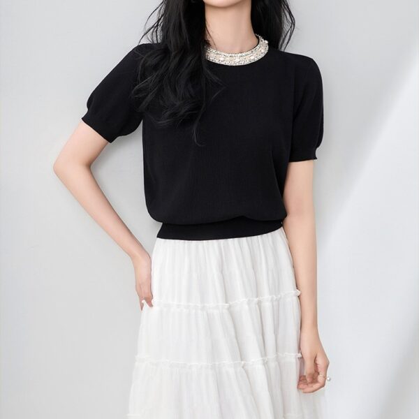Commuting tencel crocheted short sleeved knitted top 111
