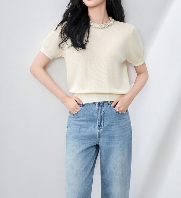 Commuting tencel crocheted short sleeved knitted top 3
