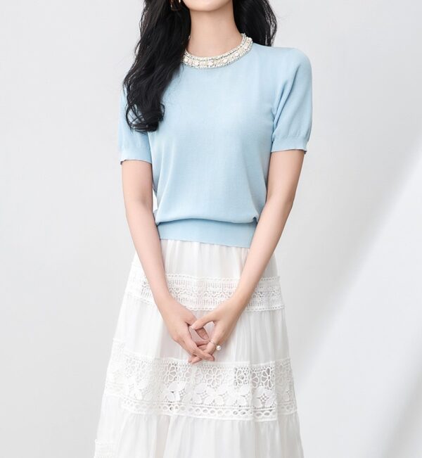 Commuting tencel crocheted short sleeved knitted top 4