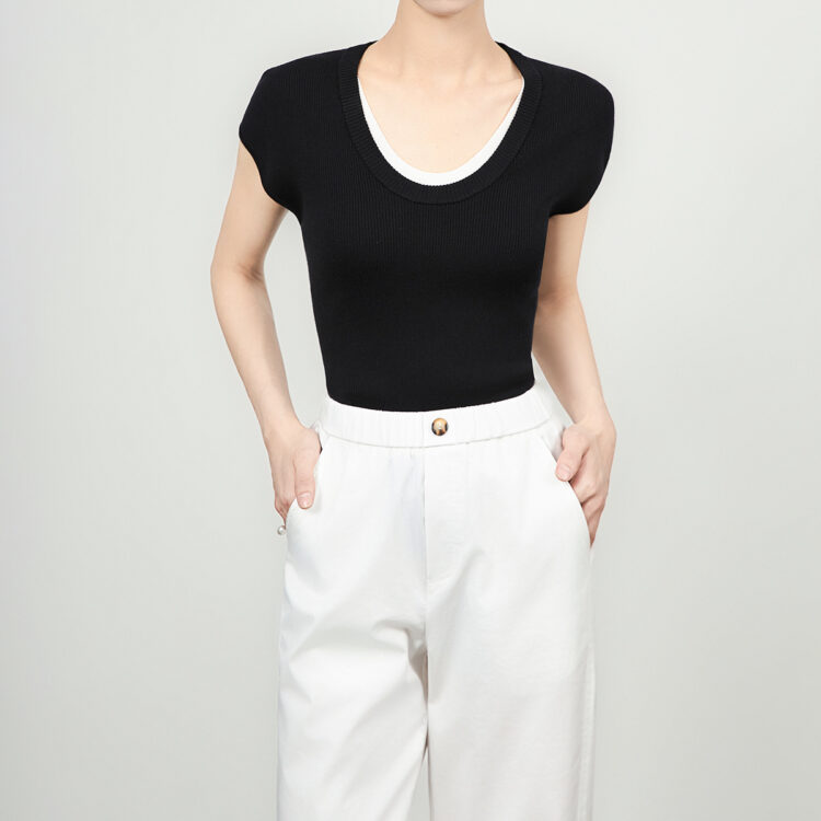 Contrast Collar Stretch Fake Two-Piece Knit T-Shirt