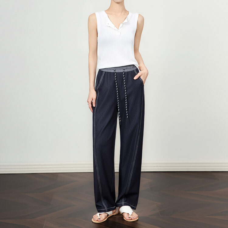 Contrast color lace-up elastic waist jeans
