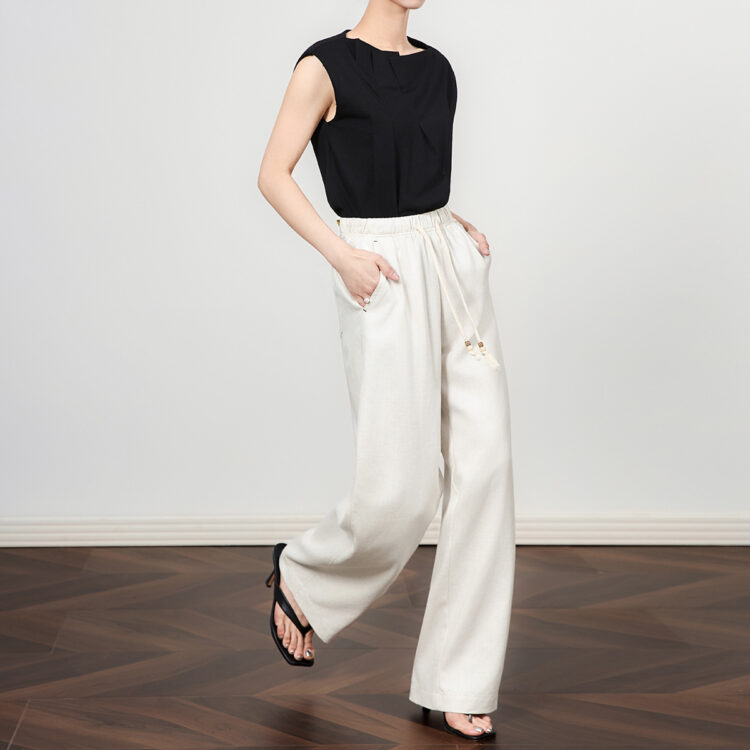 Dark blue and off-white thin tencel linen straight wide leg