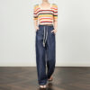 Dark blue and off white thin tencel linen straight wide leg 9