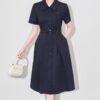 Dark blue lapel high waist shirt dress for work