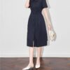 Dark blue lapel high waist shirt dress for work