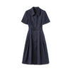 Dark blue lapel high waist shirt dress for work