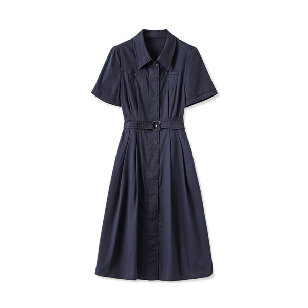 Dark blue lapel high waist shirt dress for work