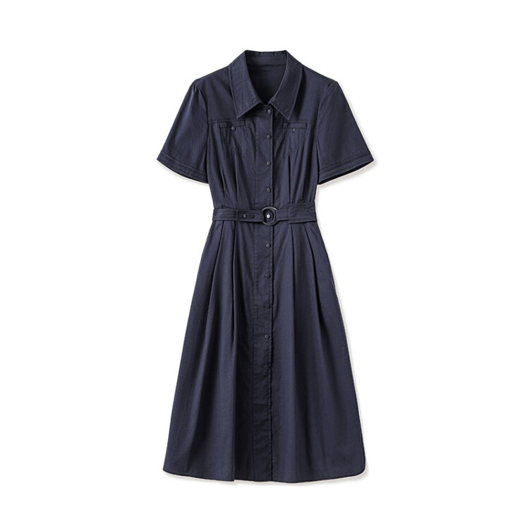 Dark blue lapel high waist shirt dress for work