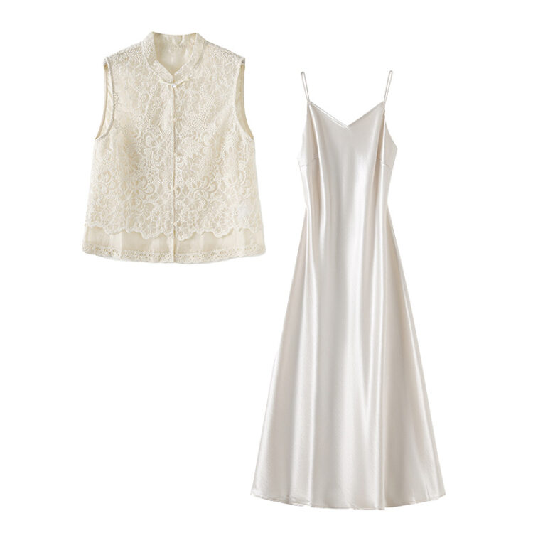 Embroidered Tank Top and Satin Slip Dress Two-Piece Set