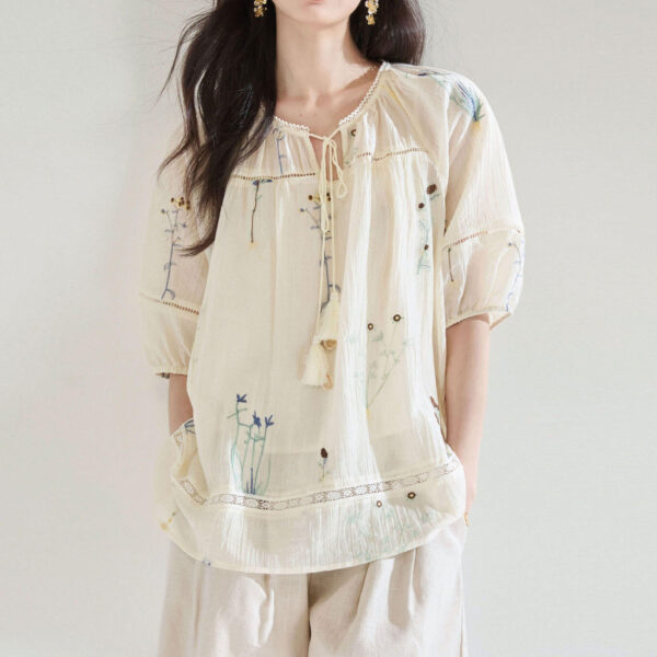 Embroidered Tencel Cutout Lace Blouse 1