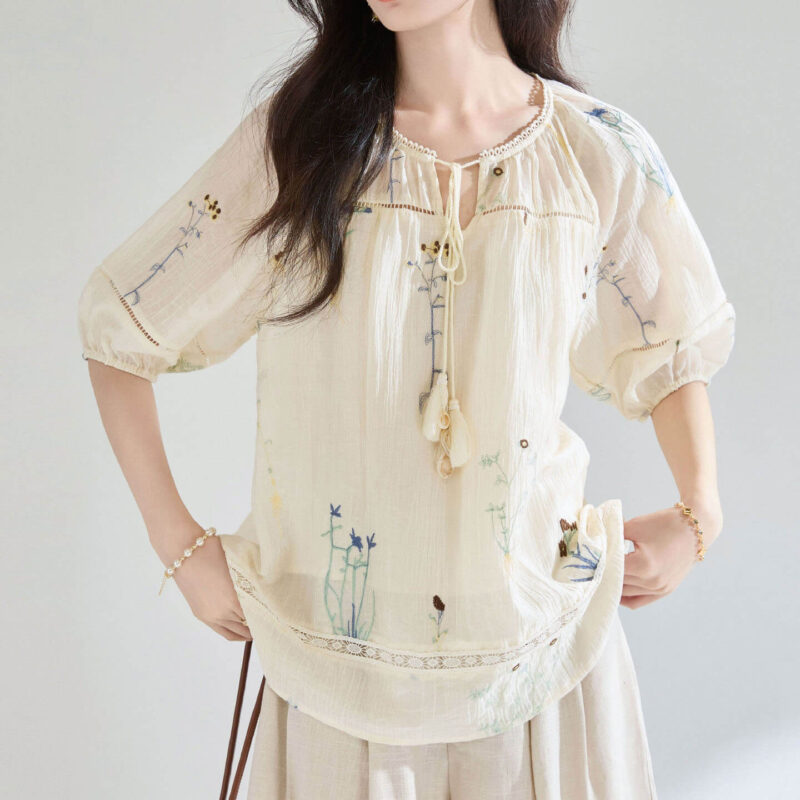 Embroidered Tencel Cutout Lace Blouse 2