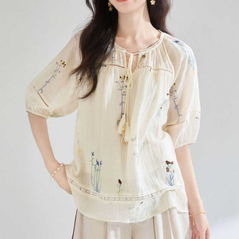 Embroidered Tencel Cutout Lace Blouse 3