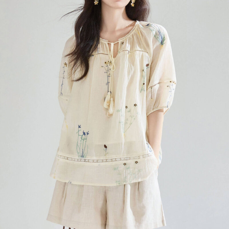 Embroidered Tencel Cutout Lace Blouse 4