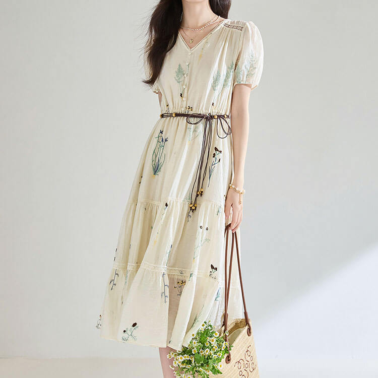 Embroidered Tencel Pleated Dress