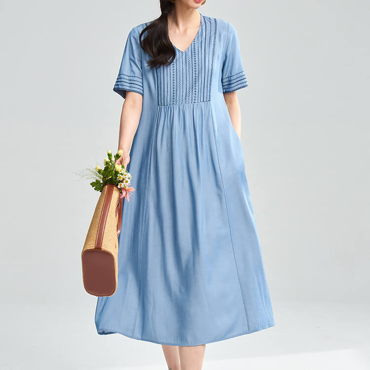 Embroidered V-neck Cotton Dress