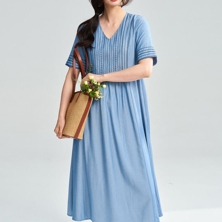 Embroidered V neck Cotton Dress 6