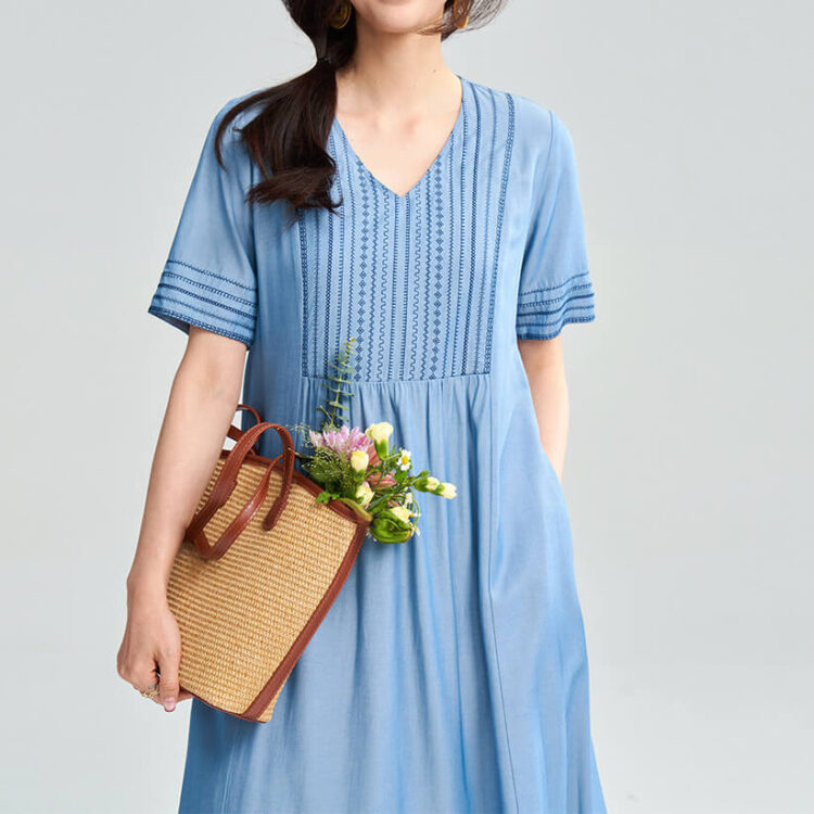 Embroidered V neck Cotton Dress 7