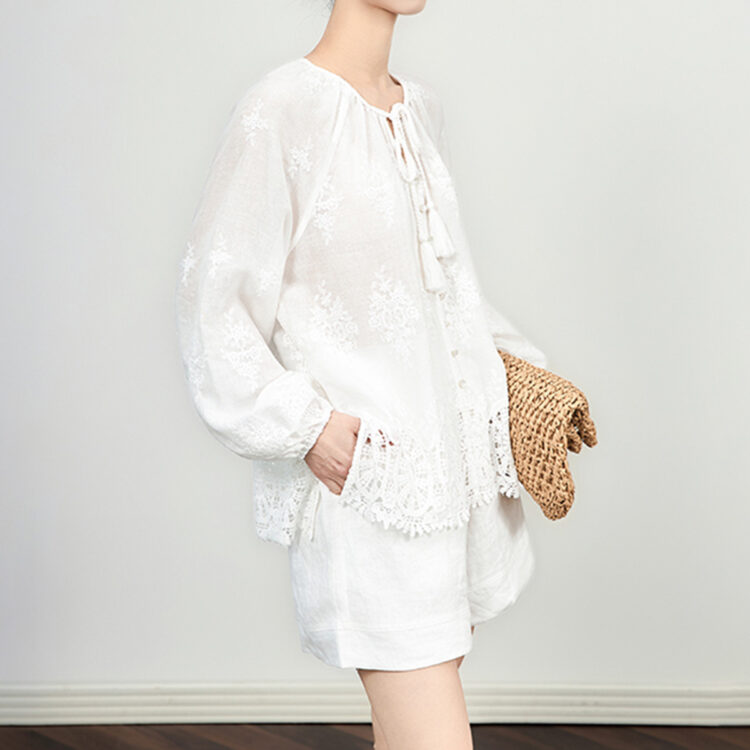 Embroidered long-sleeved tie top