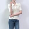 Fashion Lapel Flamingo Embroidered Short Sleeve knit top