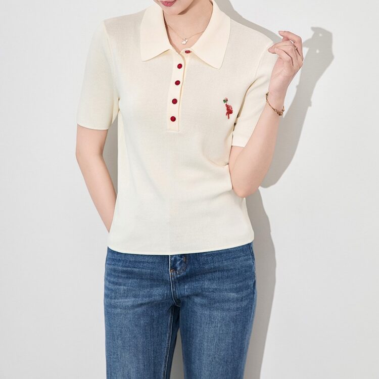Fashion Lapel Flamingo Embroidered Short Sleeve knit top