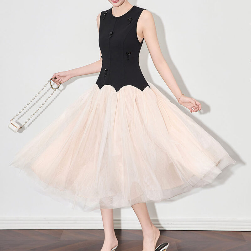 French Beaded Floral Crewneck Color-blocking Spliced ​​Tulle Evening Dress