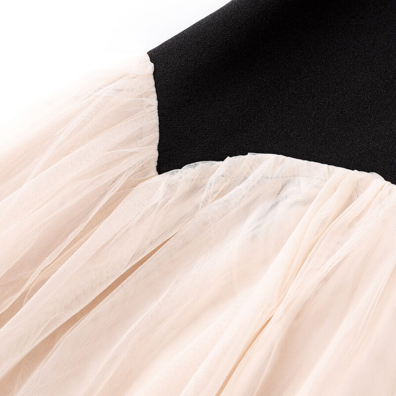 French Beaded Floral Crewneck Color-blocking Spliced ​​Tulle Evening Dress