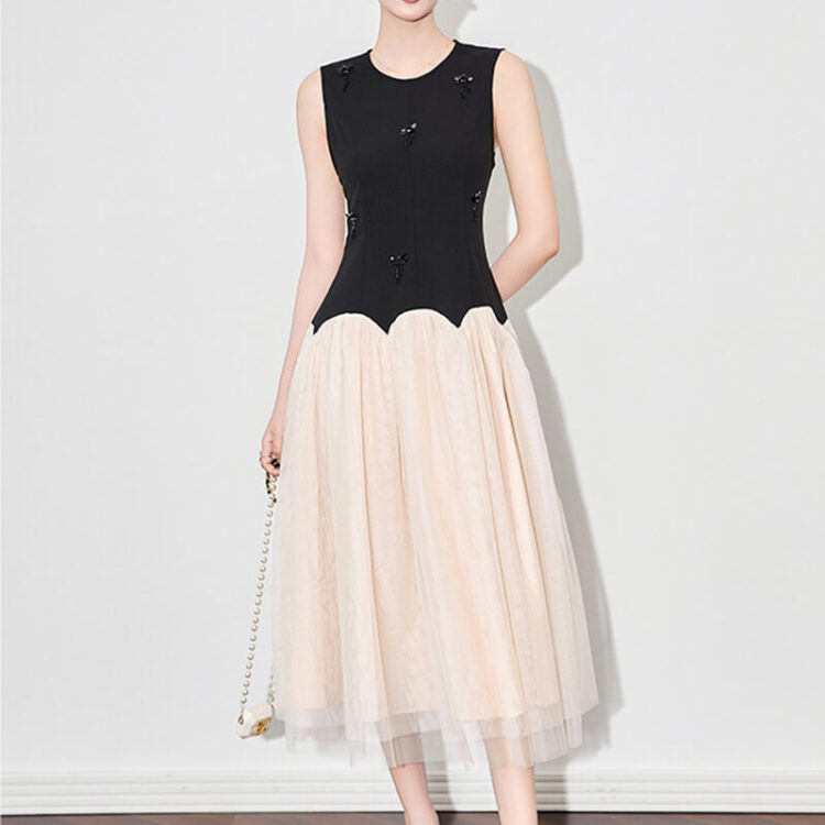 French Beaded Floral Crewneck Color-blocking Spliced ​​Tulle Evening Dress