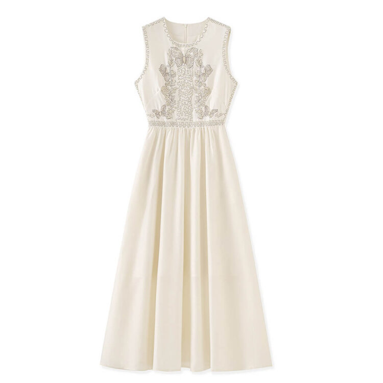 French Embroidery Glass Bead Silk Vacation Vest Dress
