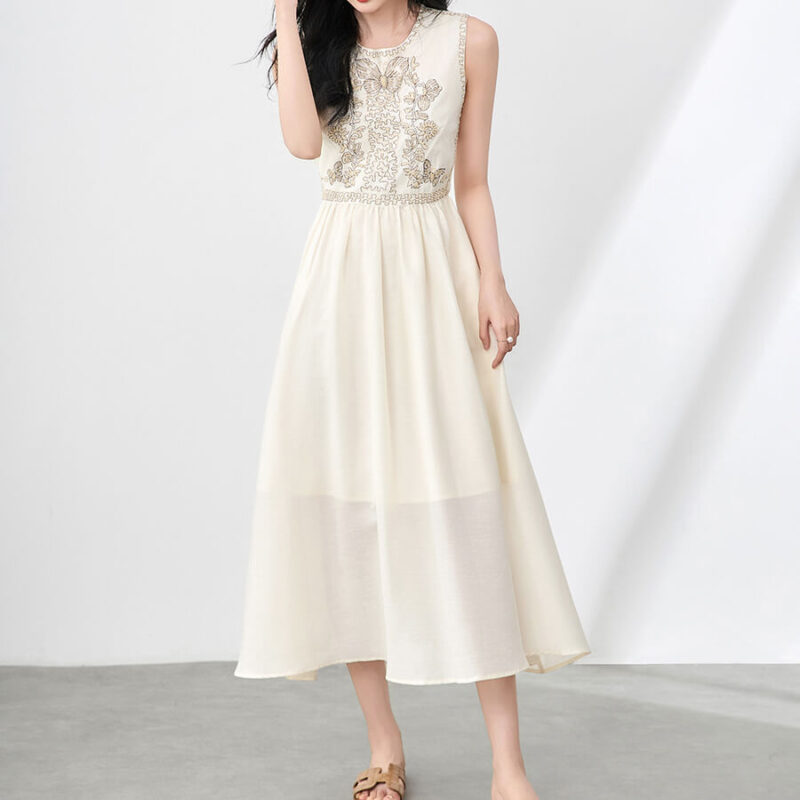 French Embroidery Glass Bead Silk Vacation Vest Dress
