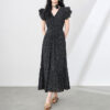 French-style V-neck Polka Dot Retro Flounced-sleeve Waist-cinching Dress