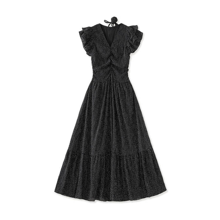 French-style V-neck Polka Dot Retro Flounced-sleeve Waist-cinching Dress
