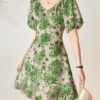 Green V neck puff sleeve floral short dress with tie back 2